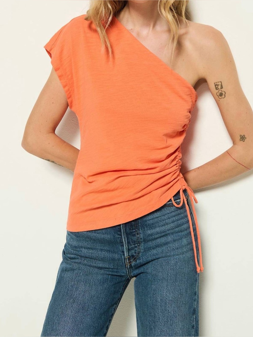 Nation Los Angeles Jaylen Asymmetrical One Shoulder Tee in Camelia Orange NEW